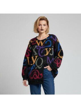 Vintage 80s Alphabet Letters Cardigan Sweater Oversized Wool Blend Teacher Sz M